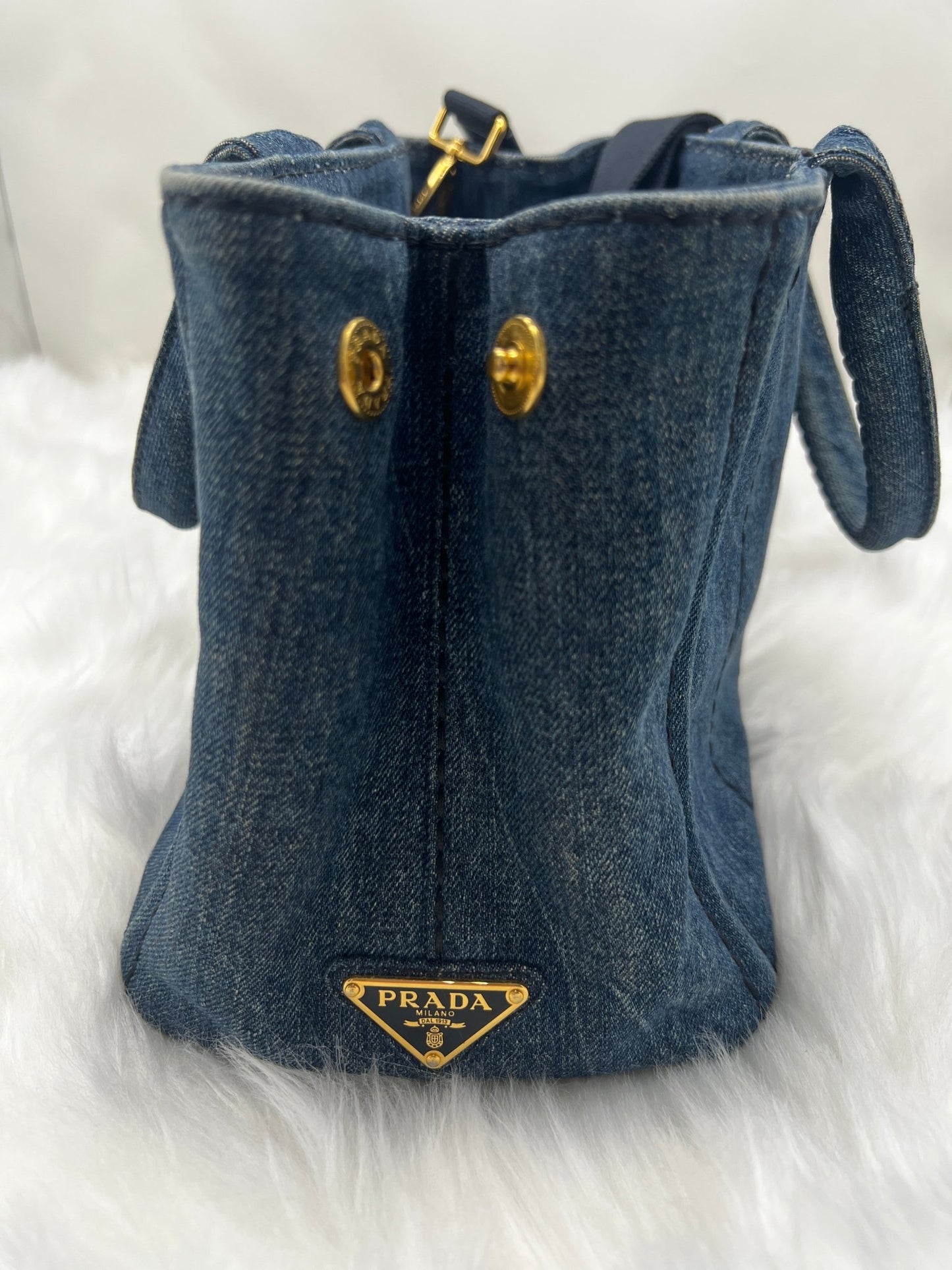 Prada Small Denim Canapa Tote Blue w/ Strap - Styles via Sina