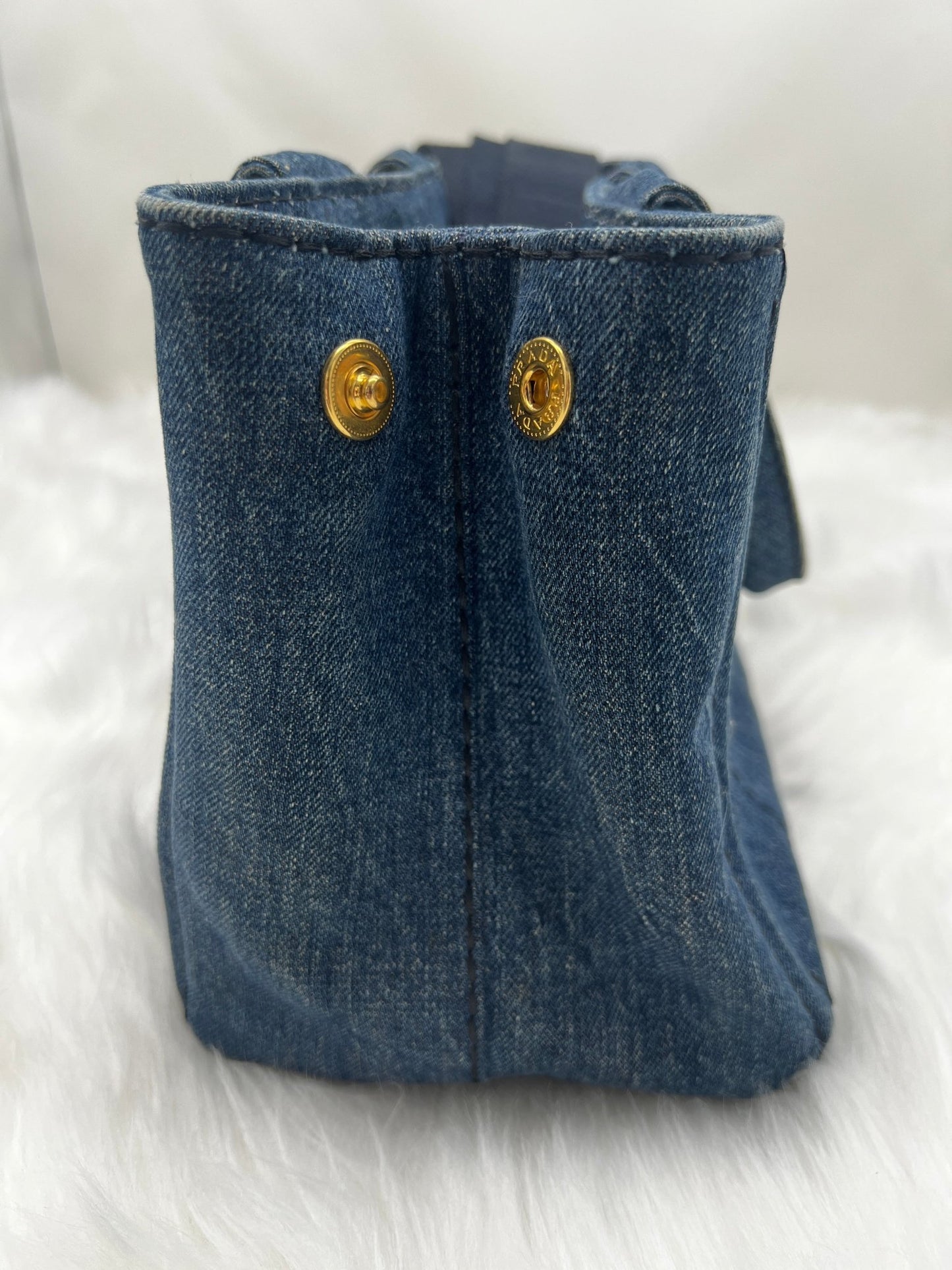 Prada Small Denim Canapa Tote Blue w/ Strap - Styles via Sina