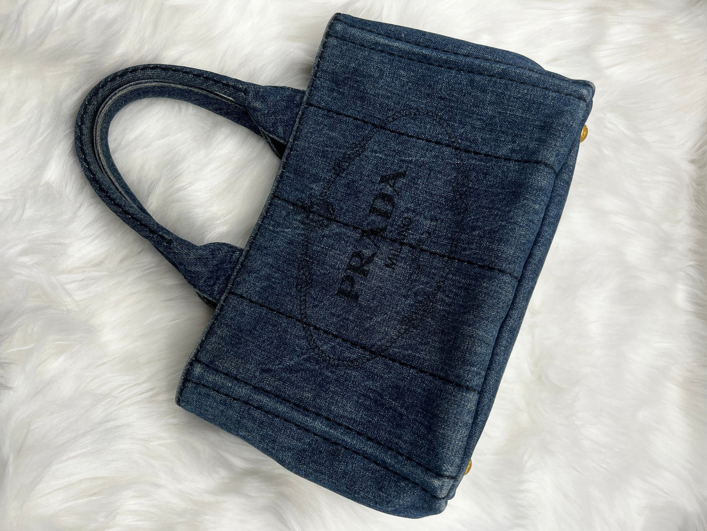 Prada Small Denim Canapa Tote Blue w/ Strap - Styles via Sina