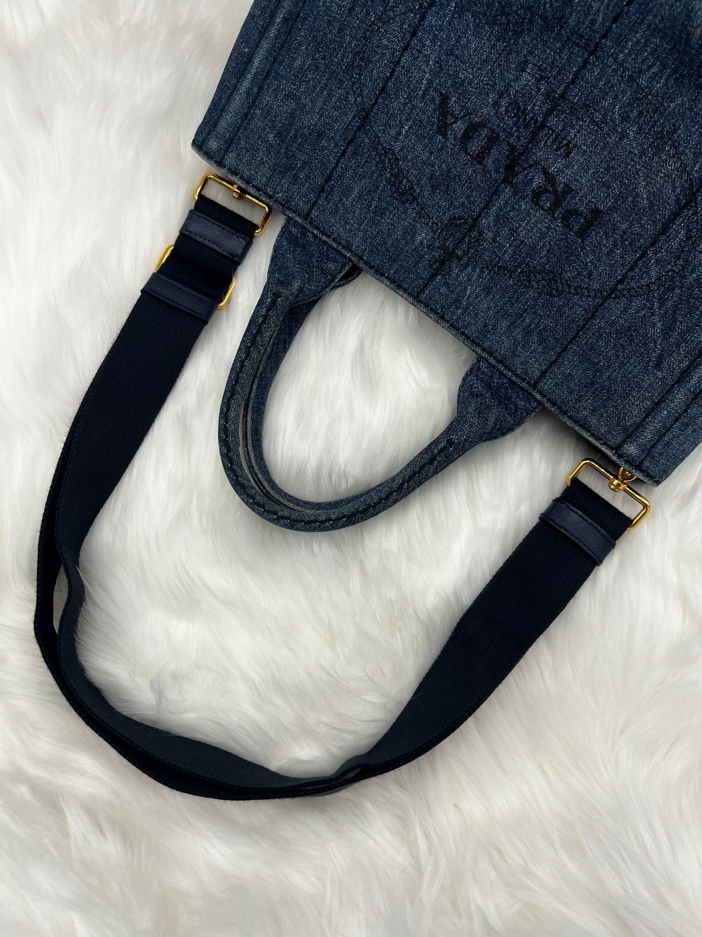 Prada Small Denim Canapa Tote Blue w/ Strap - Styles via Sina