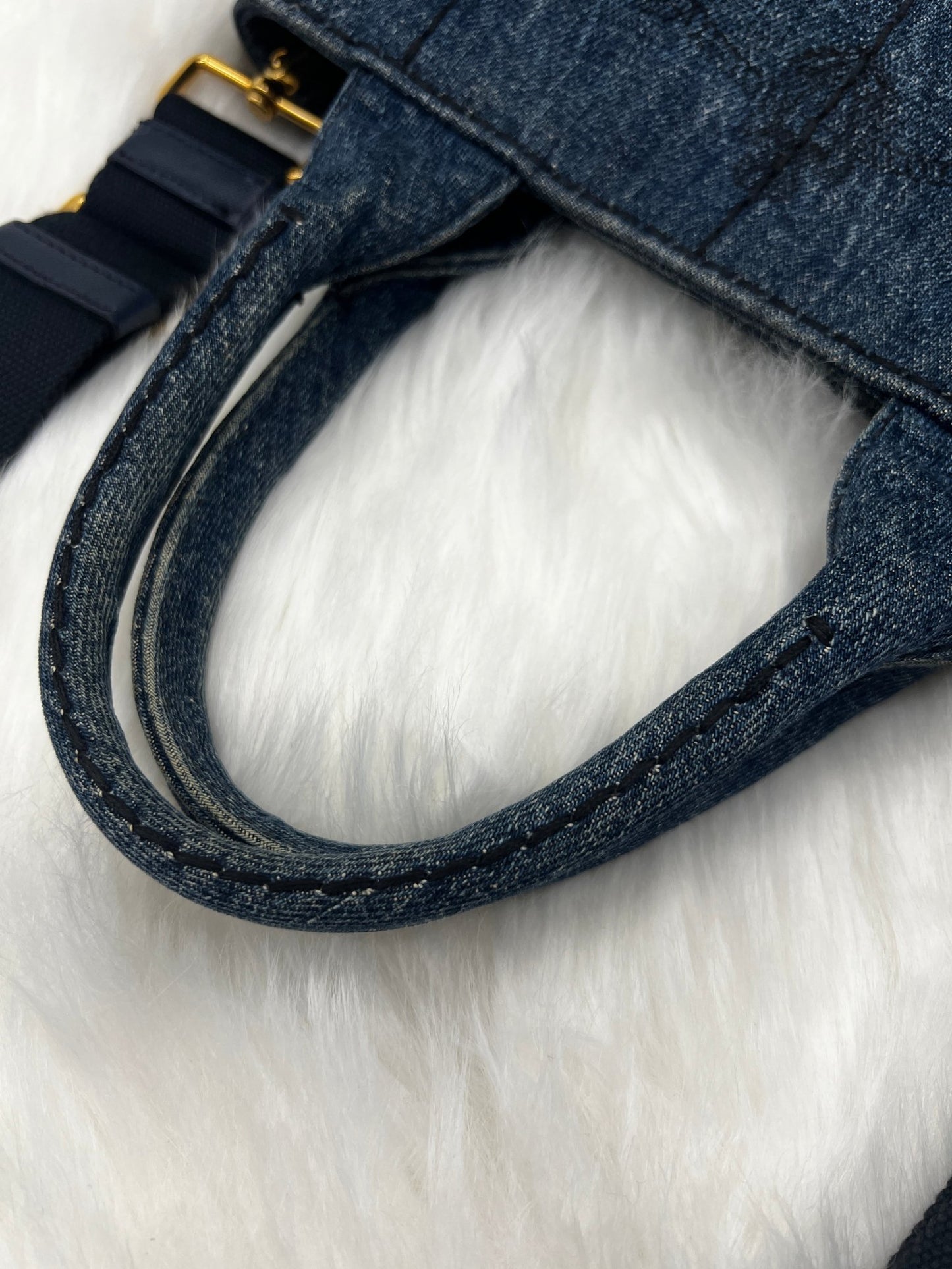Prada Small Denim Canapa Tote Blue w/ Strap - Styles via Sina