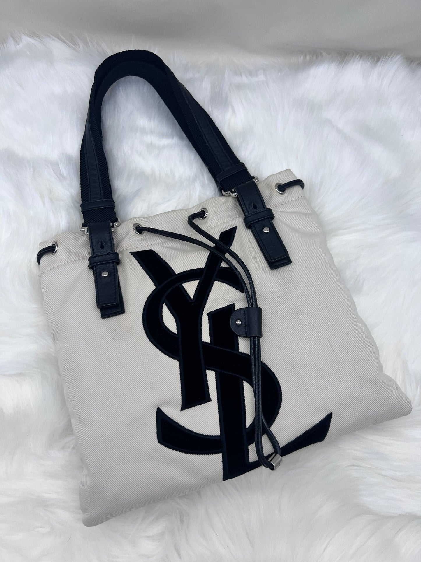 Yves Saint Laurent Ivory Canvas Kahala Small Tote - Styles via Sina