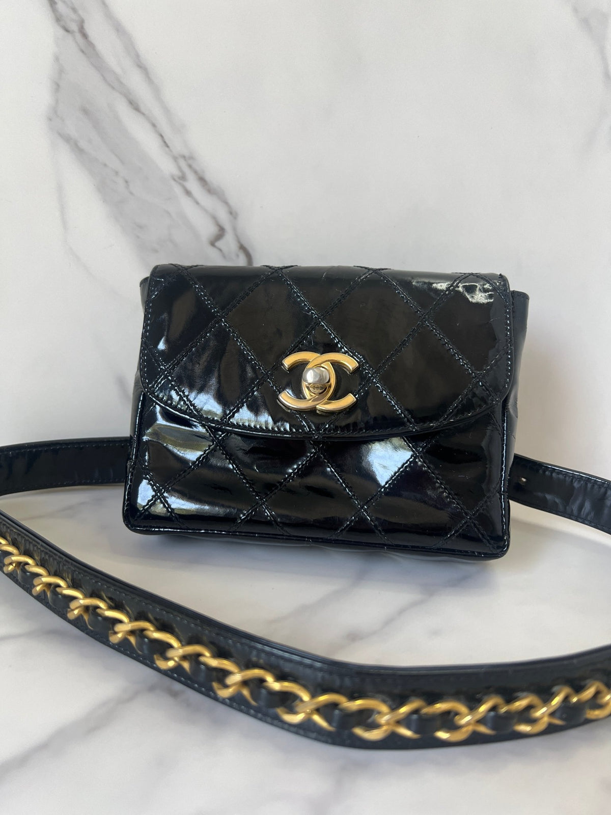 Chanel Quilted Patent Belt Bag Black w/Belt - Styles via Sina