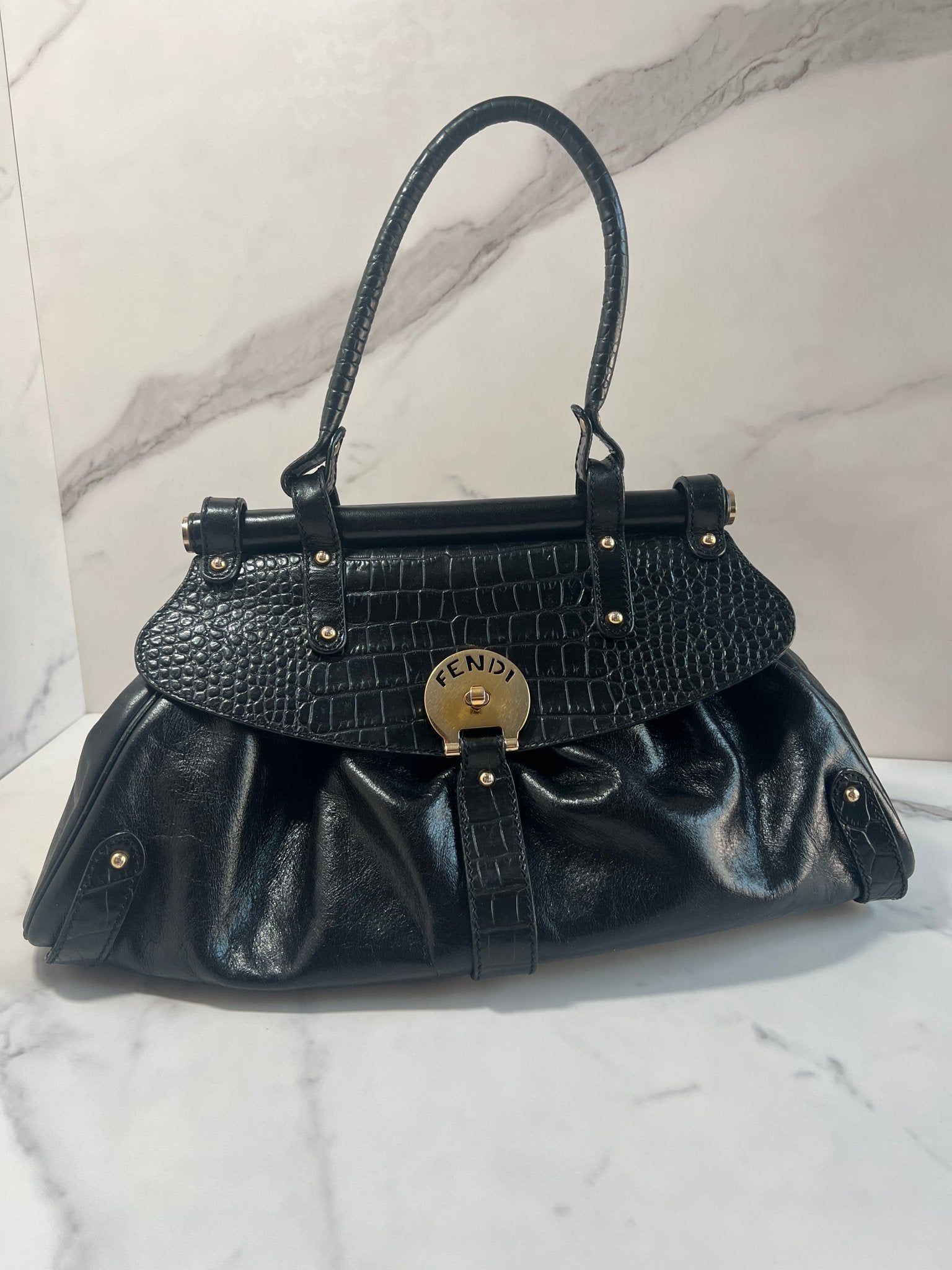 Fendi Magic Bag Leather with Crocodile Accents Black - Styles via Sina