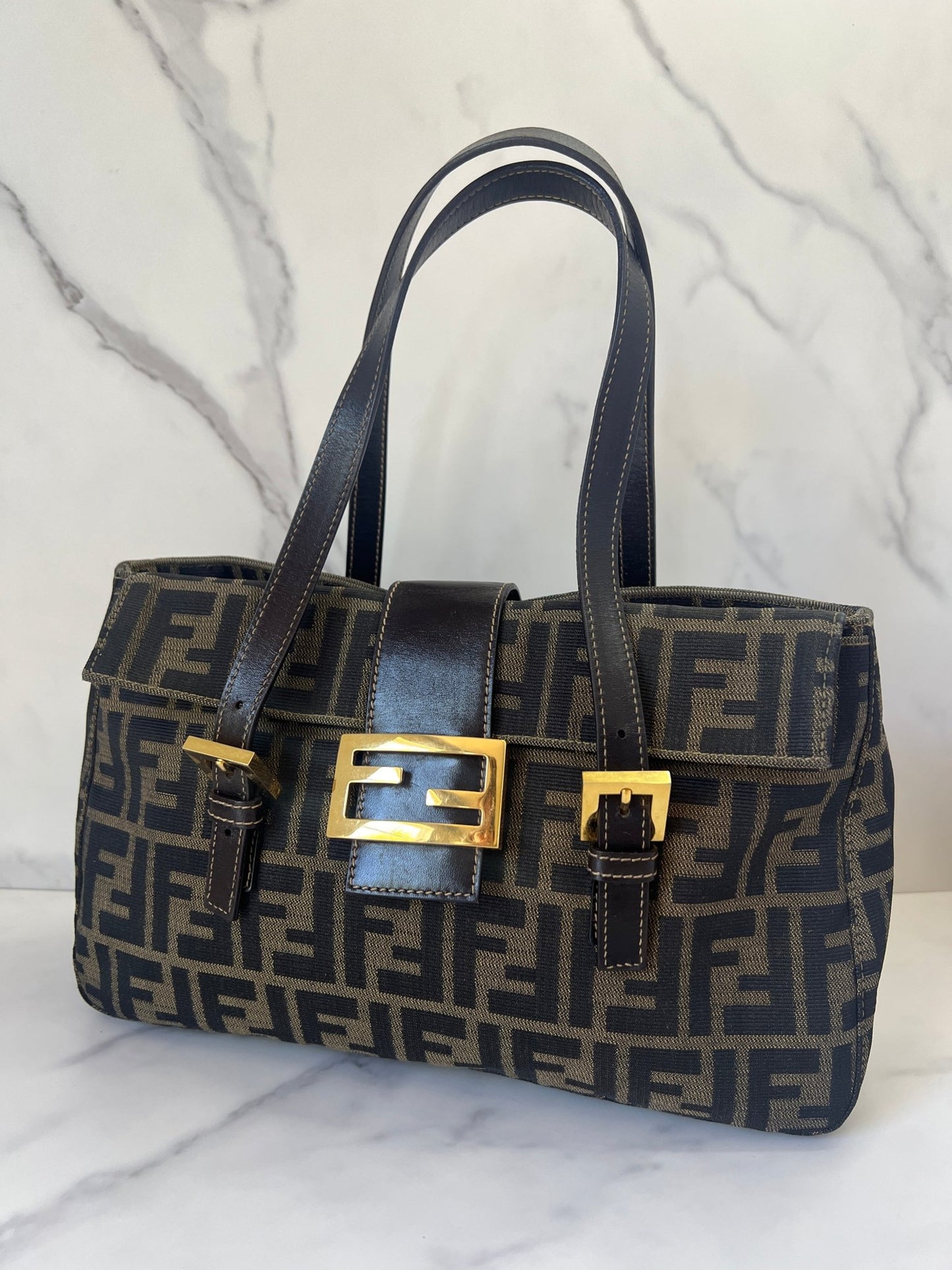 Fendi Zucca Canvas Shoulder Bag Brown - Styles via Sina
