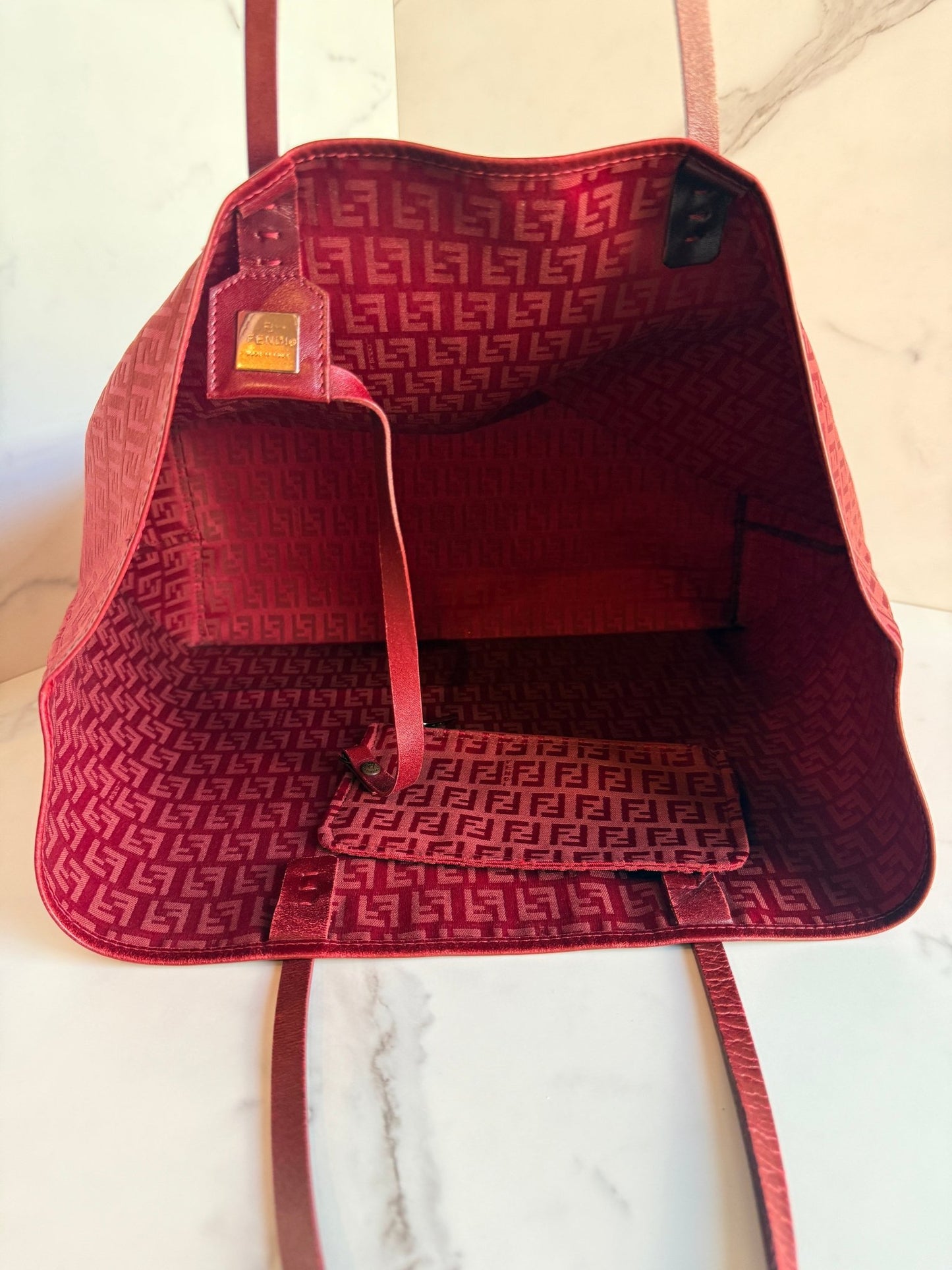 Fendi Zucchino Roll Tote with Pouch Red - Styles via Sina