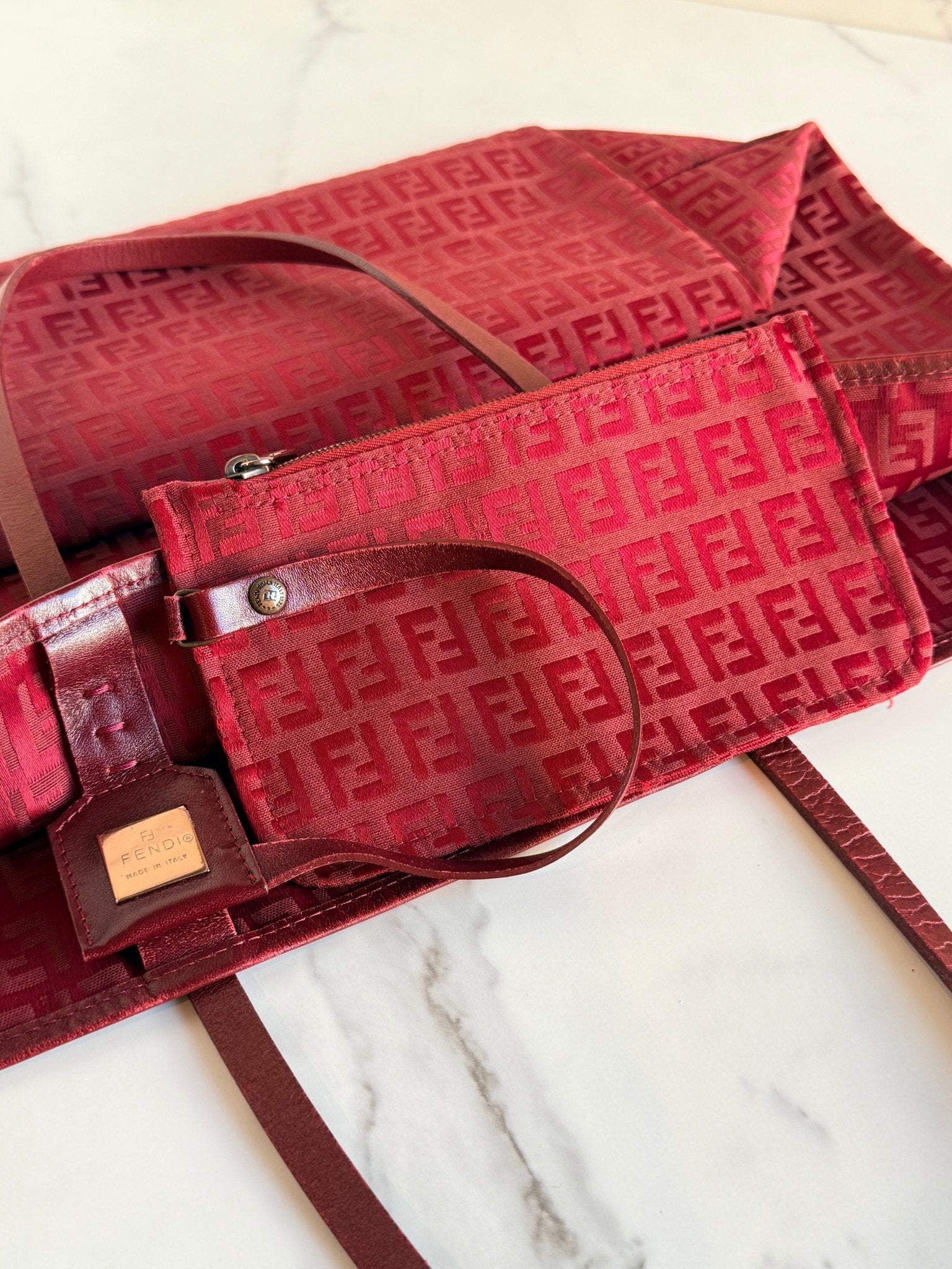 Fendi Zucchino Roll Tote with Pouch Red - Styles via Sina