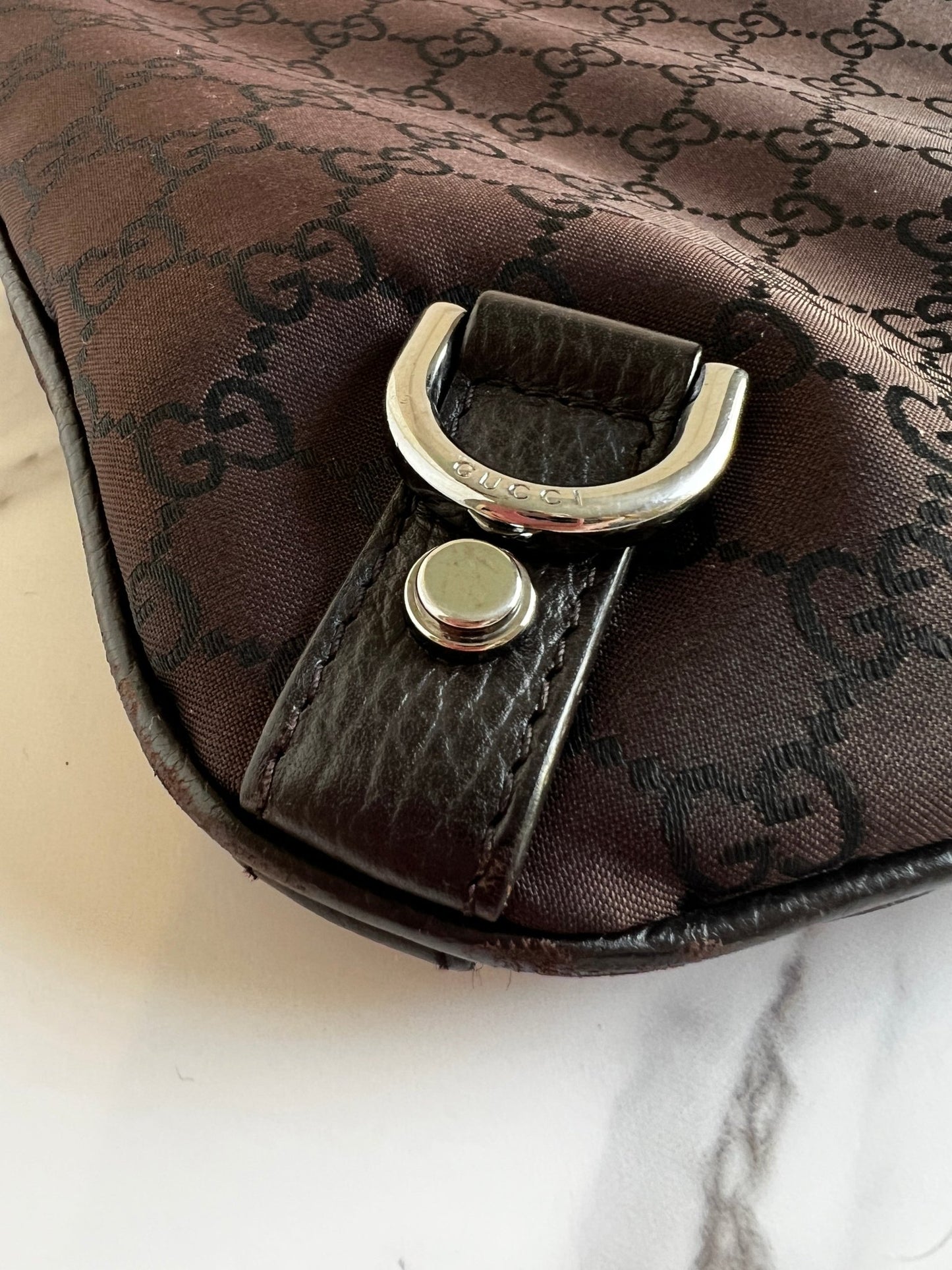 Gucci GG Denim Abbey D - Ring Crossbody Brown - Styles via Sina