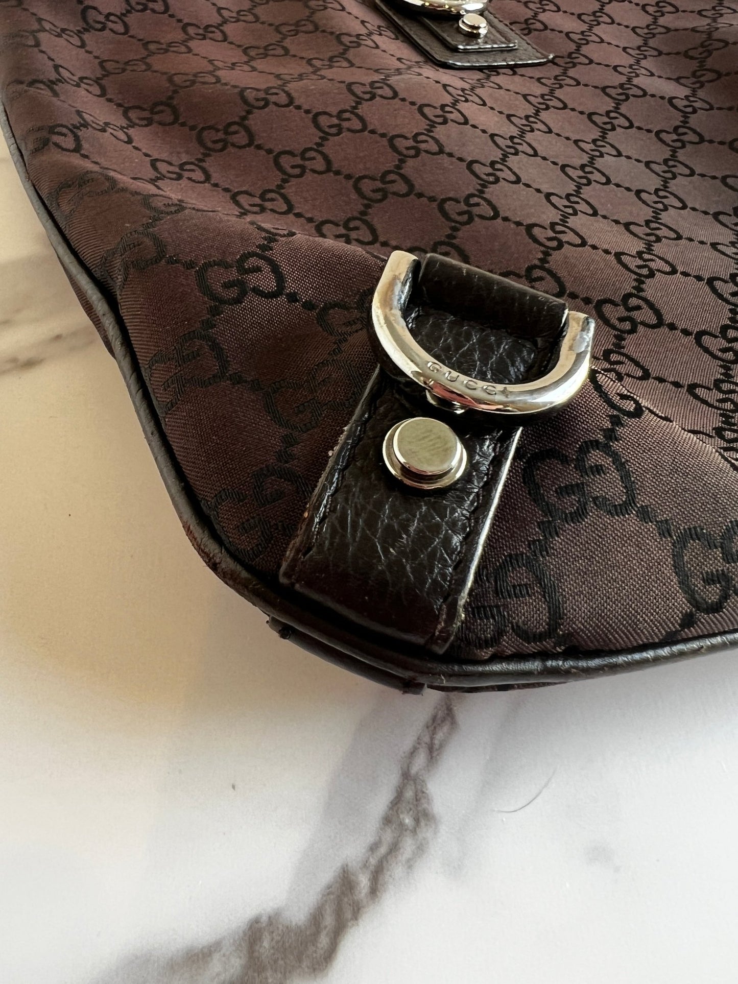 Gucci GG Denim Abbey D - Ring Crossbody Brown - Styles via Sina