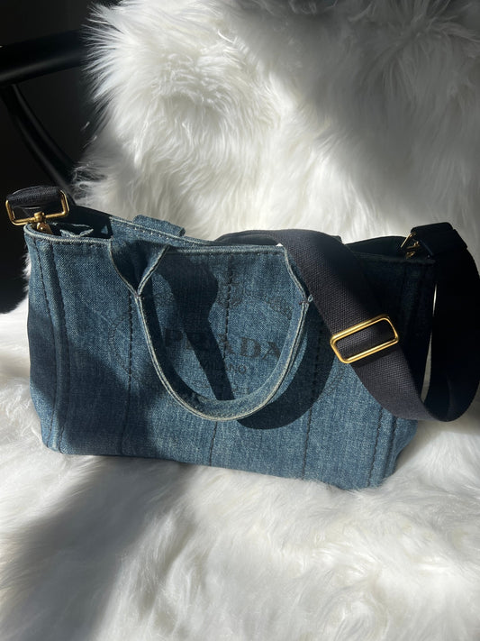 Prada Small Denim Canapa Tote Blue w/ Strap - Styles via Sina