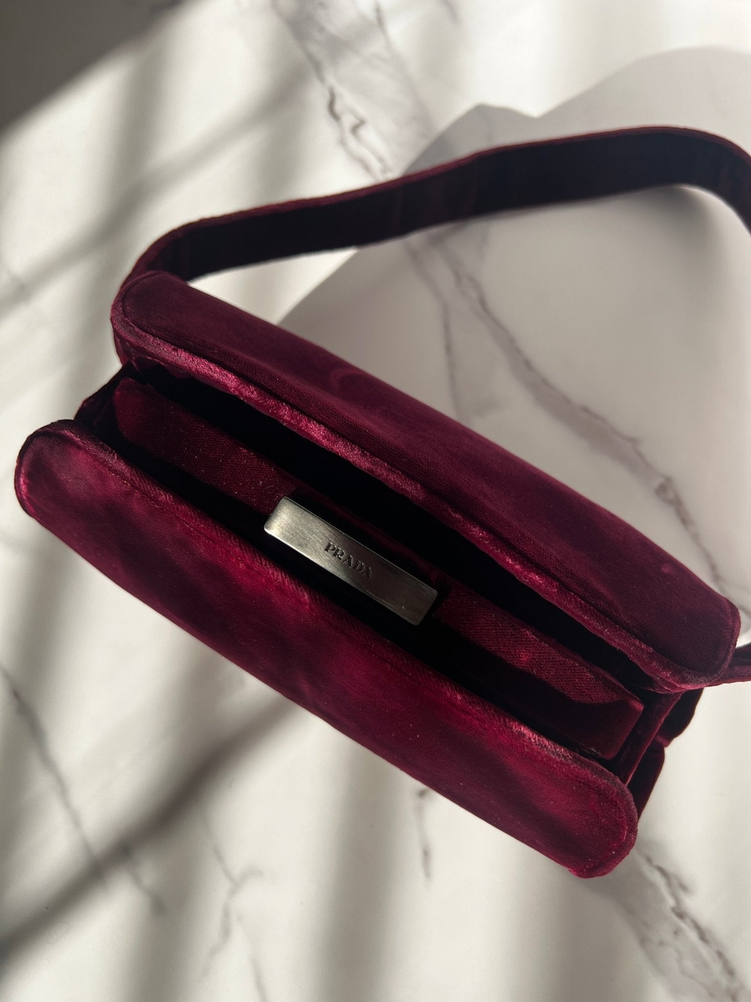 Prada Velour Shoulder Bag Burgundy - Styles via Sina